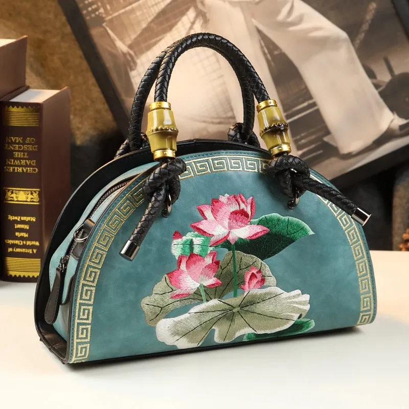 Women's Vintage Cowhide Leather Flower Embroidery Portable Shell Handbag