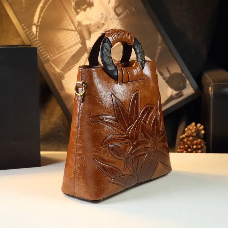 Women's Vintage Luxury Soft Leather Floral Embossed Tote Handbag