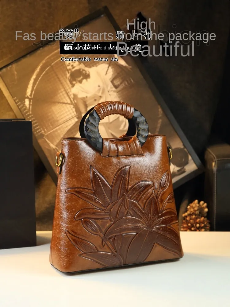 Women's Vintage Luxury Soft Leather Floral Embossed Tote Handbag