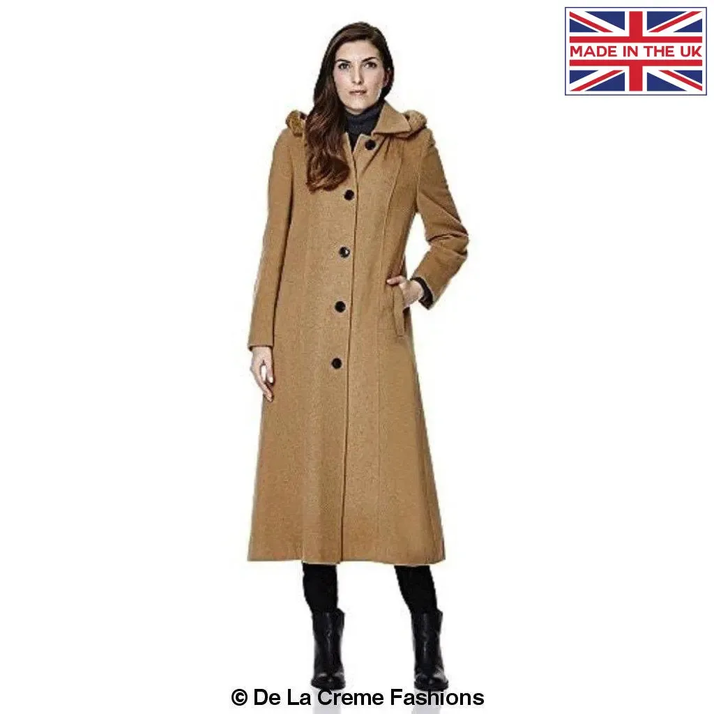 Wool Blend Faux Fur Trim Hooded Long Coat