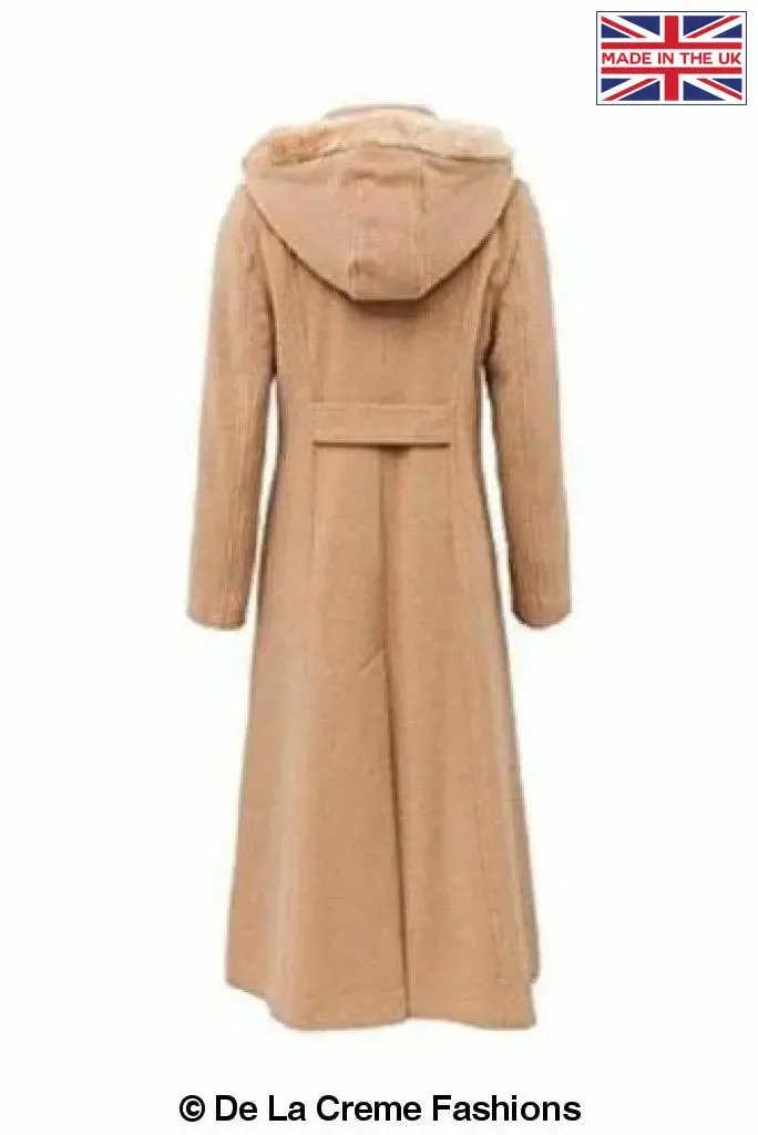 Wool Blend Faux Fur Trim Hooded Long Coat