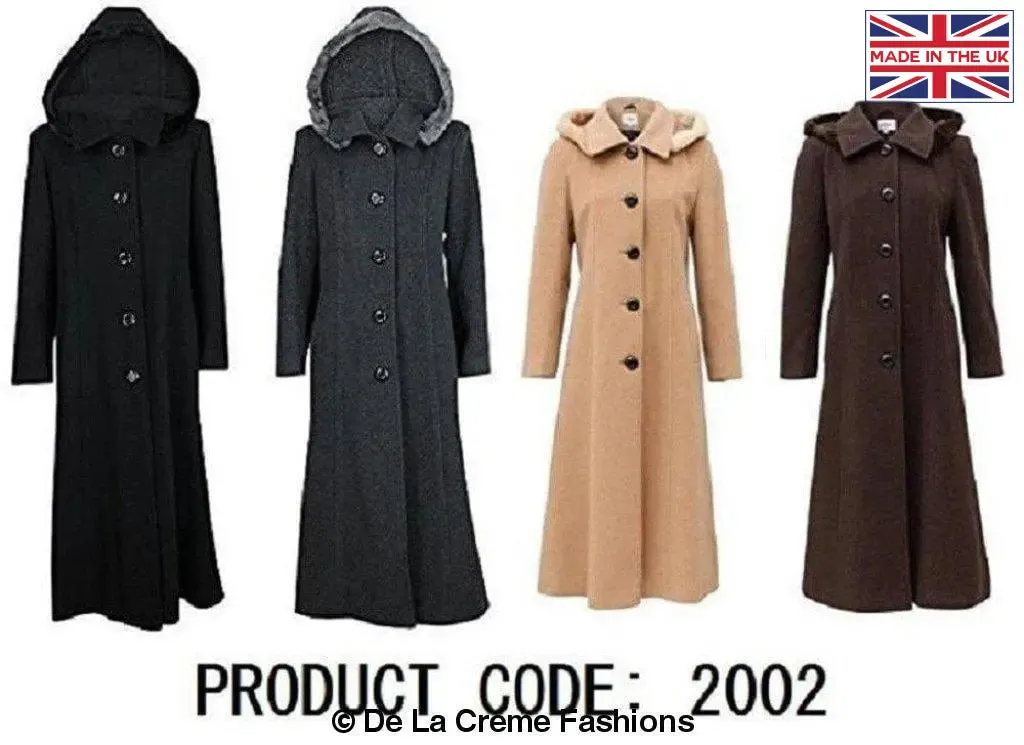 Wool Blend Faux Fur Trim Hooded Long Coat