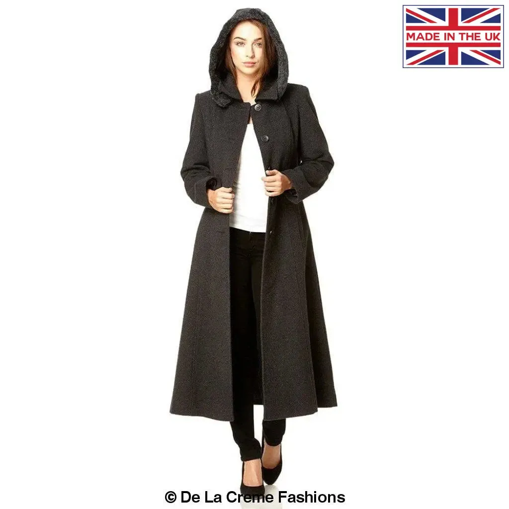 Wool Blend Faux Fur Trim Hooded Long Coat