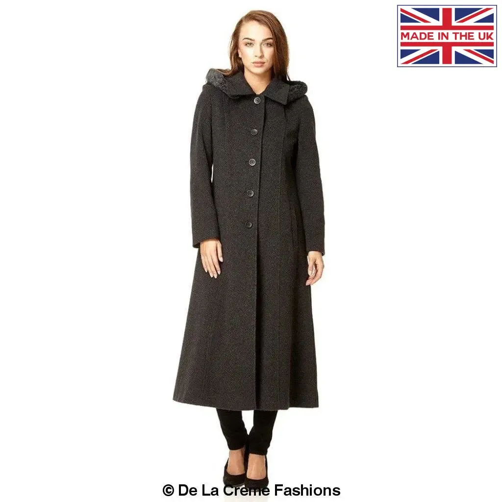 Wool Blend Faux Fur Trim Hooded Long Coat