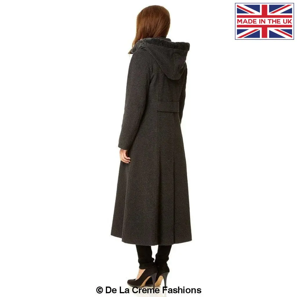 Wool Blend Faux Fur Trim Hooded Long Coat