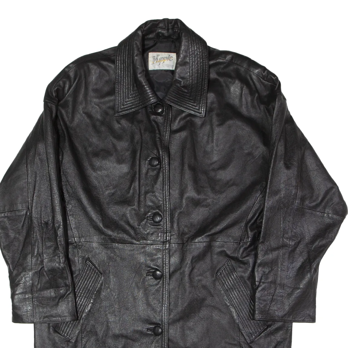 YUPPIE Womens Trench Coat Black Leather 90s XL